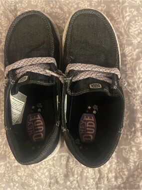 Hey Dude Kids Black Canvas Slip-On Sneakers with Lavender Accents
Worn once